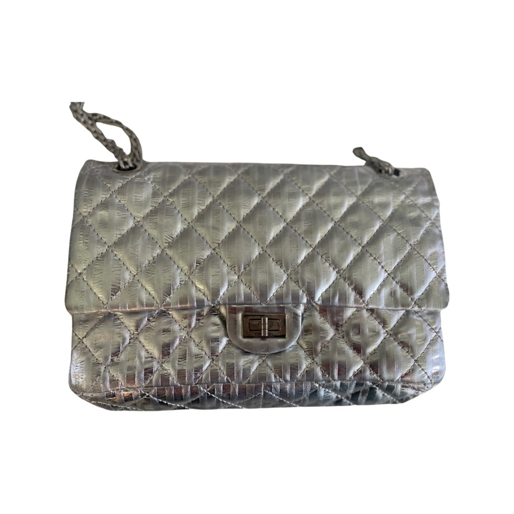 Chanel 2.55 Classic Metallic Silver Wrinkled Leather Shoulder Bag